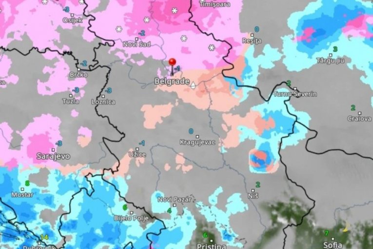 Roze boja označava sneg, a crvena ledenu kišu.