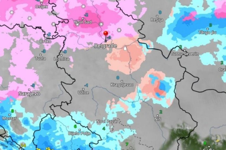 Roze boja označava sneg, a crvena ledenu kišu.