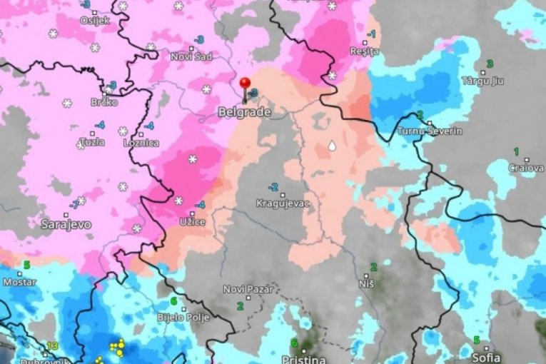 Roze boja označava sneg, a crvena ledenu kišu.