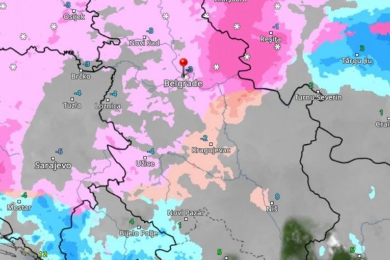 Roze boja označava sneg, a crvena ledenu kišu.