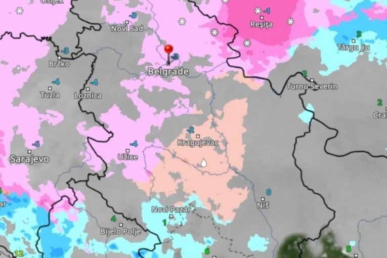 Roze boja označava sneg, a crvena ledenu kišu.