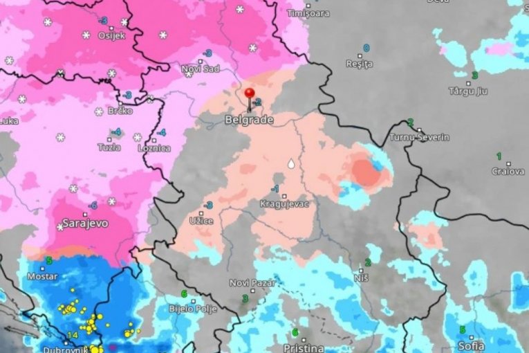 Roze boja označava sneg, a crvena ledenu kišu.