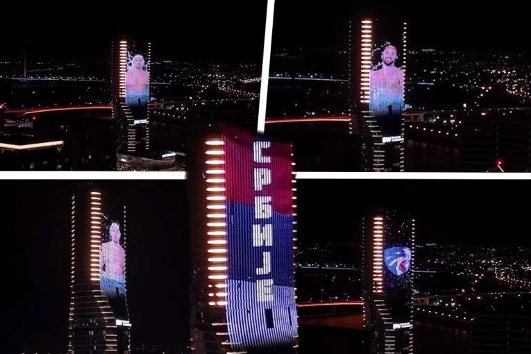 ČESTITKA ZLATNIM "DELFINIMA" SA KULE BEOGRAD: Impresivna slika iz prestonice - SRBIJA SLAVI POBEDU VATERPOLISTA! (VIDEO)