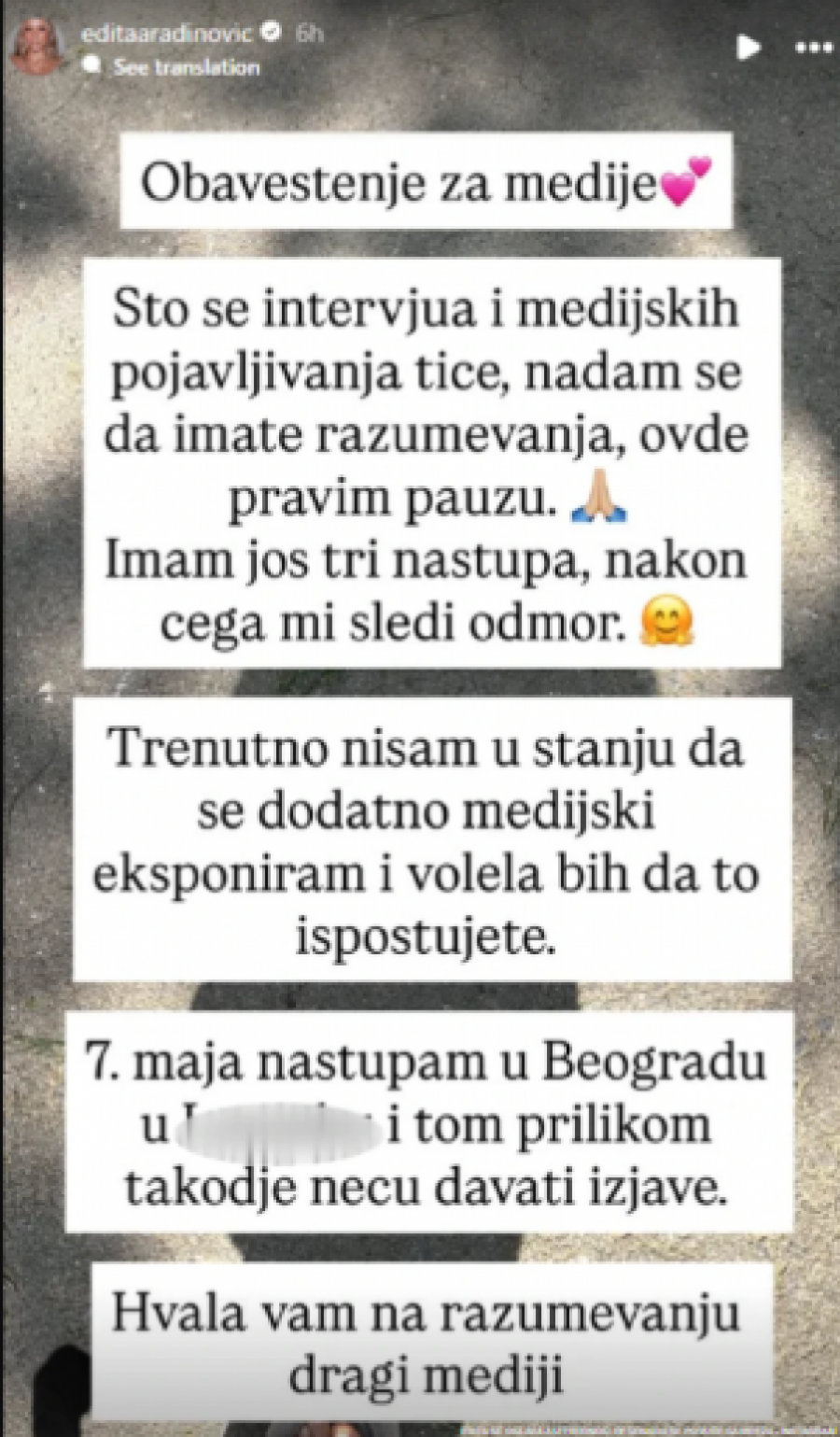TRUDNA EDITA ARADINOVIĆ DONELA ODLUKU DA SE POVUČE! Poslednje oglašavanje pevačice rastužilo fanove: Nisam u stanju...