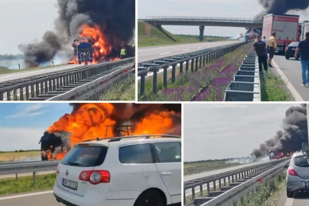 DRAMATIČNI PRIZORI KOD ŠIMANOVACA! Kamion izgoreo u buktinji, eksplozije parale nebo, očevici van sebe: "Od detonacija se TRESU automobili!" (VIDEO)