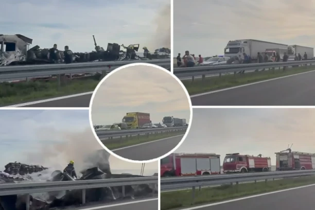 ŠLEPERI POTPUNO IZGORELI! Pogledajte kako izgledaju kamioni koji se sudarili između Šimanovaca i Pećinaca! (VIDEO)