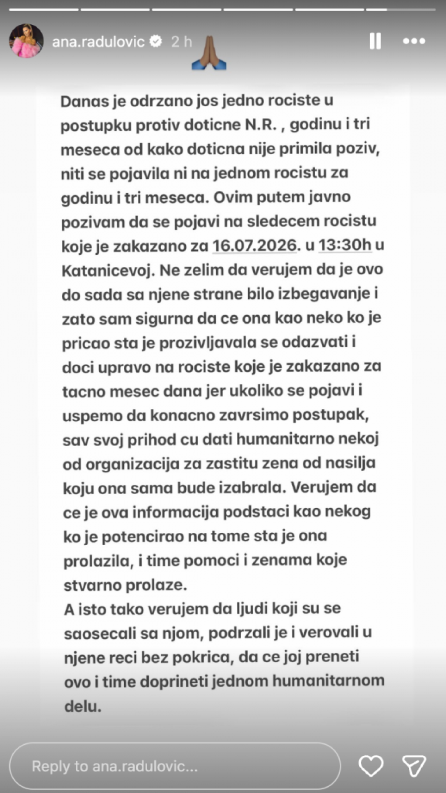HITNO OGLAŠAVANJE ANE RADULOVIĆ: Nakon što se Gastozova bivša nije pojavila na sudu poslala jasnu PORUKU! (FOTO)
