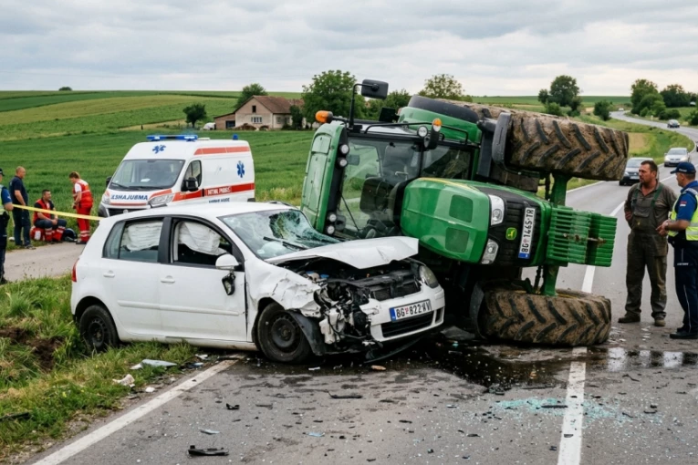 TEŠKA NESREĆA KOD ŽITORAĐE! Sudarili se automobil i traktor, izvlače muškarca koji je ostao ispod vozila