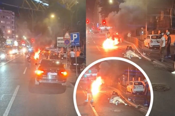 SAZNAJEMO! HOROR SCENA KOD DOMA OMLADINE! Strahovit udes - motor u plamenu, vozač nepomično leži kraj njega! (VIDEO)