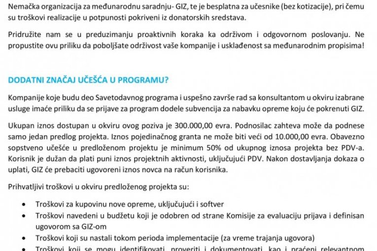 SAVETODAVNI PROGRAM PODRŠKE DEKARBONIZACIJI ZA MALA I SREDNJA PREDUZEĆA