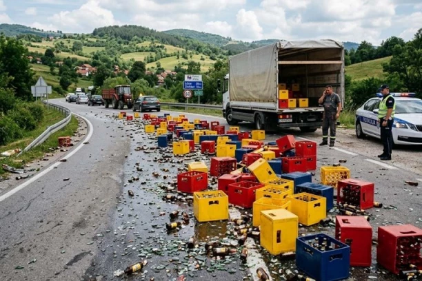 HAOS NA PREVOJU ČESTOBRODICA! Iz kamiona ispale gajbe piva i rasule se po kolovozu!