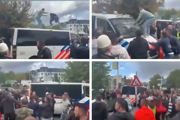 INCIDENTI NAKON PRESUDE U HAGU! Haos ispred sudnice, građani se penju na policijsko vozilo i divljaju (VIDEO)