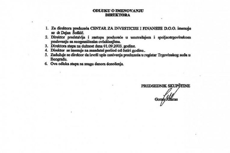 Dokumentacija koja otvara pitanja o paralelnom angažmanu Dejana Šoškića u privatnoj firmi i na funkciji u Narodnoj banci Srbije!