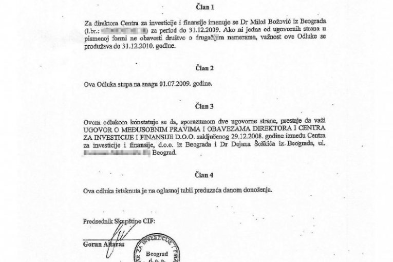 Dokumentacija koja otvara pitanja o paralelnom angažmanu Dejana Šoškića u privatnoj firmi i na funkciji u Narodnoj banci Srbije!